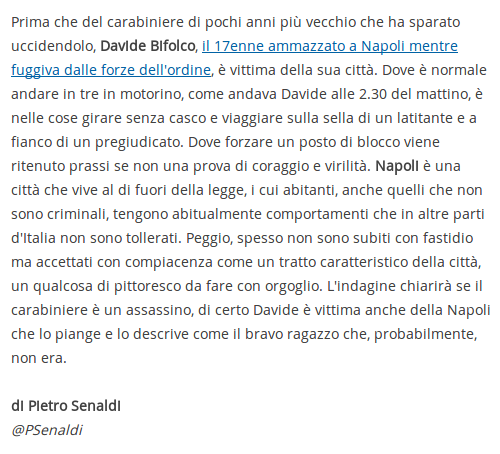 Libero, articolo di Pietro Senaldi su Davide Bifolco