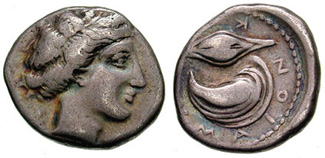 Moneta di Cuma, raffigurante la ninfa Kyme sul dritto e il mitile (molluso simile alla vongola), un chicco di frumento con legenda KYMAION. Foto Wikipedia