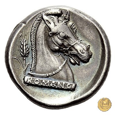 Rovescio di una moneta romano-campana in cui compare una testa equina con la legenda "Romano". Immagine da numismatica-classica.lamoneta.it