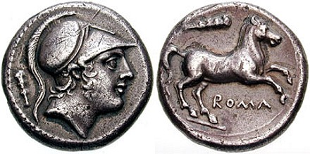 Serie romano-campana, con al dritto Marte con elmo corinzio, al rovescio un cavallo rampante con la legenda Roma. Foto da wikimedia.org