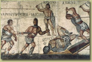 Mosaico con lotta tra gladiatori