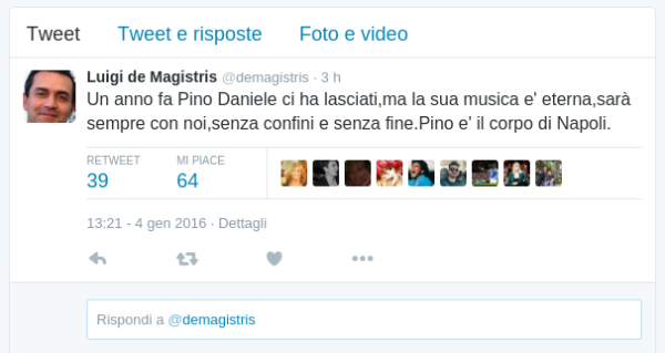 Luigi de Magistris twitter PIno Daniele