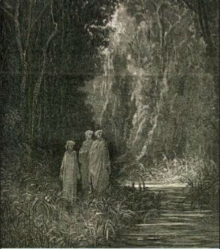 Dante e Virgilio si accompagnano a Matelda lungo la riva del fiume Letè