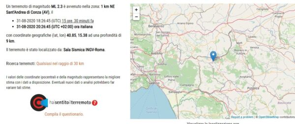 scossa terremoto irpinia 31 agosto 2020