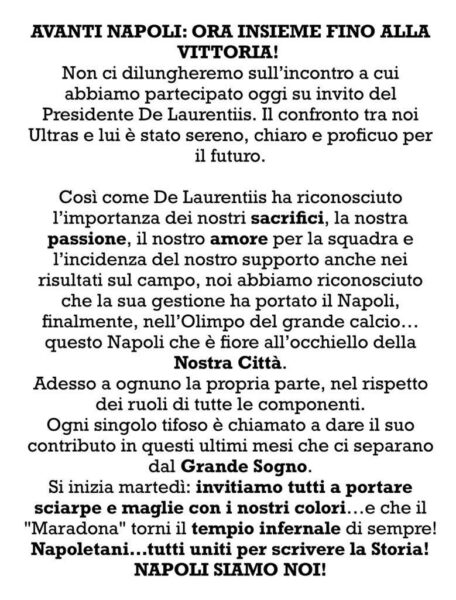 Il comunicato degli Ultras del Napoli dopo l'incontro con De Laurentiis Il comunicato degli Ultras del Napoli dopo l'incontro con De Laurentiis