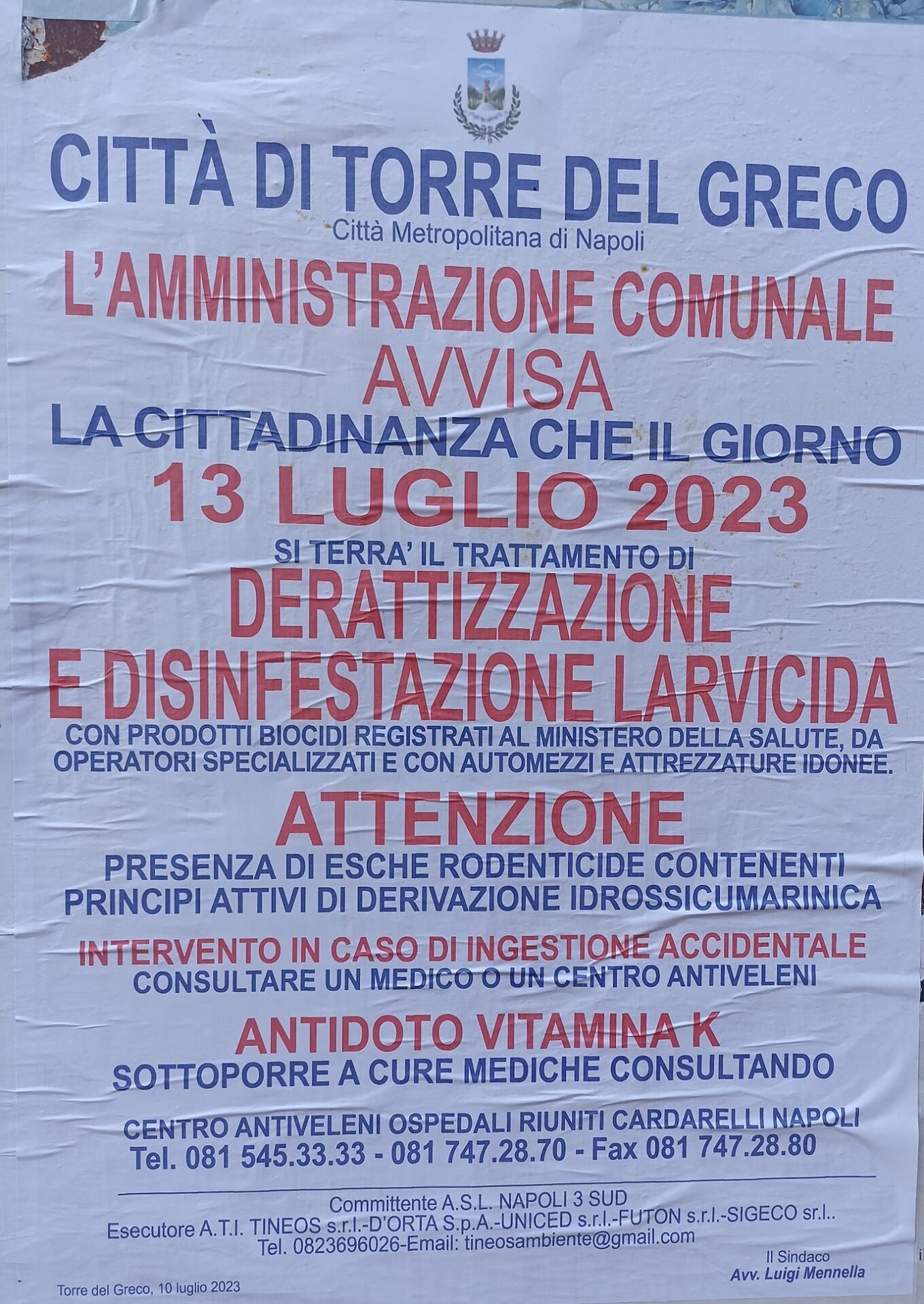 Il comune di Torre del Greco annuncia la derattizzazione e disinfestazione larvicida