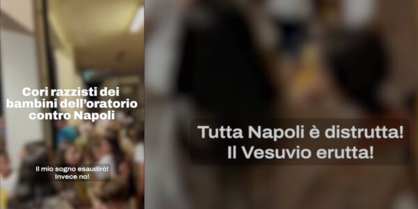 Bambini dell'oratorio cantano il coro "Vesuvio erutta, tutta Napoli è distrutta"