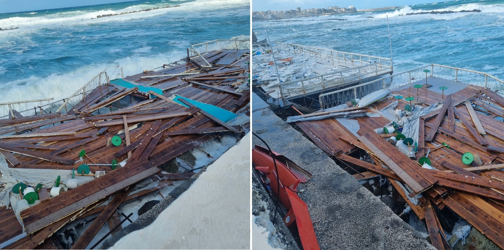 Le piattaforme dei lidi distrutti dalla mareggiata stanotte a Forio d'Ischia.
