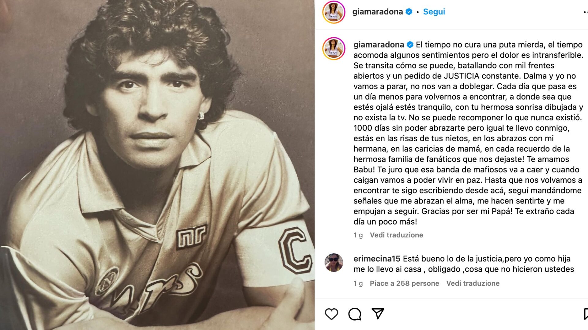 Il post di Giannina Maradona, secondogenita del pibe de oro, a mille giorni dalla scomparsa del padre