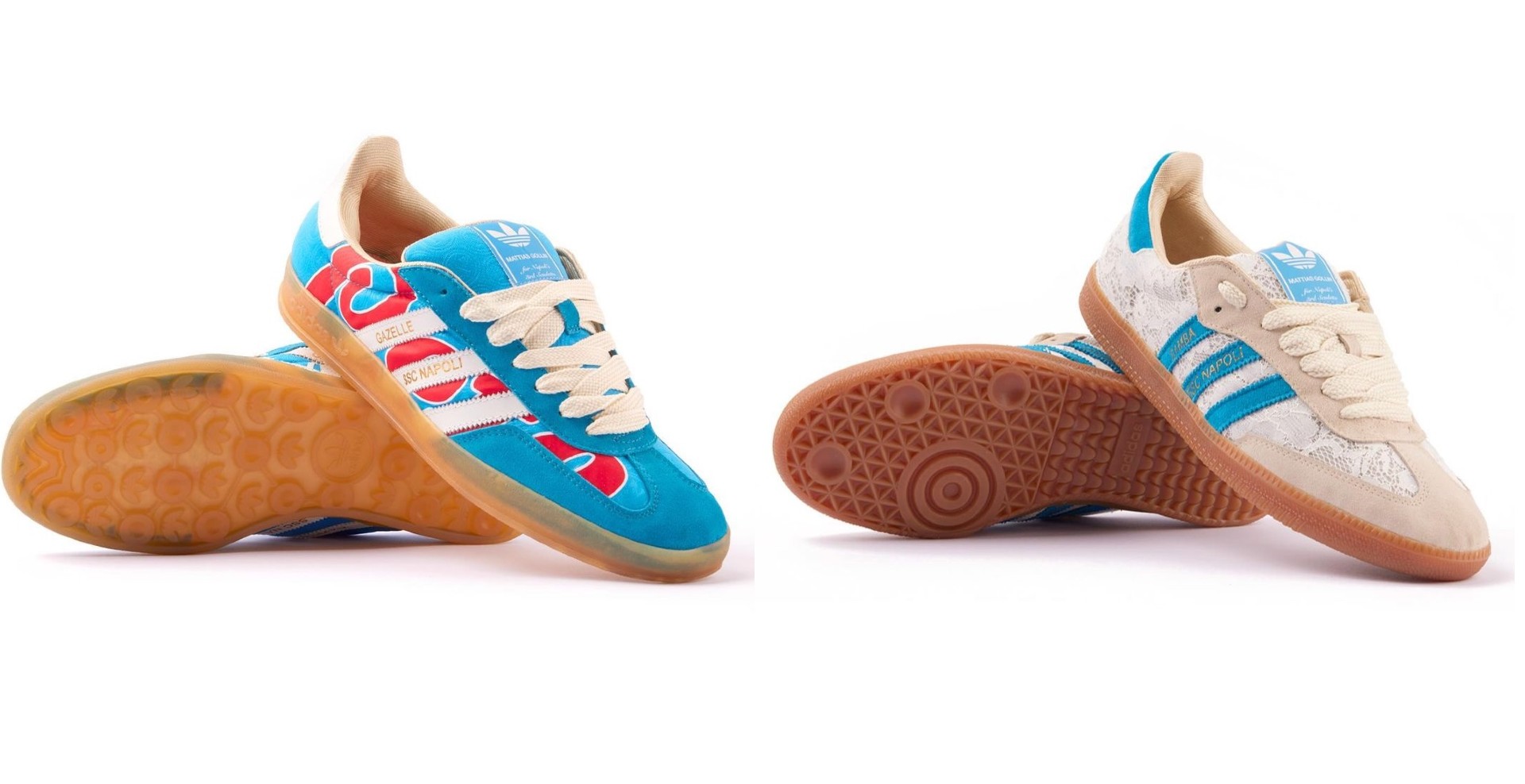 Il footwear designer Mattias Gollin personalizza i due modelli di Adidas 'Gazelle' e 'Samba' dedicandoli al terzo Scudetto conquistato dalla Società Sportiva Calcio Napoli