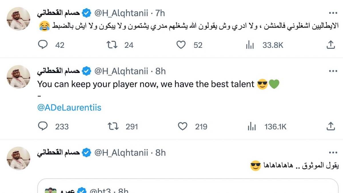 Lo sceicco Hossam al Qhtanii pubblica due tweet ironici nei confronti del presidente della Società Sportiva Calcio Napoli Aurelio De Laurentiis