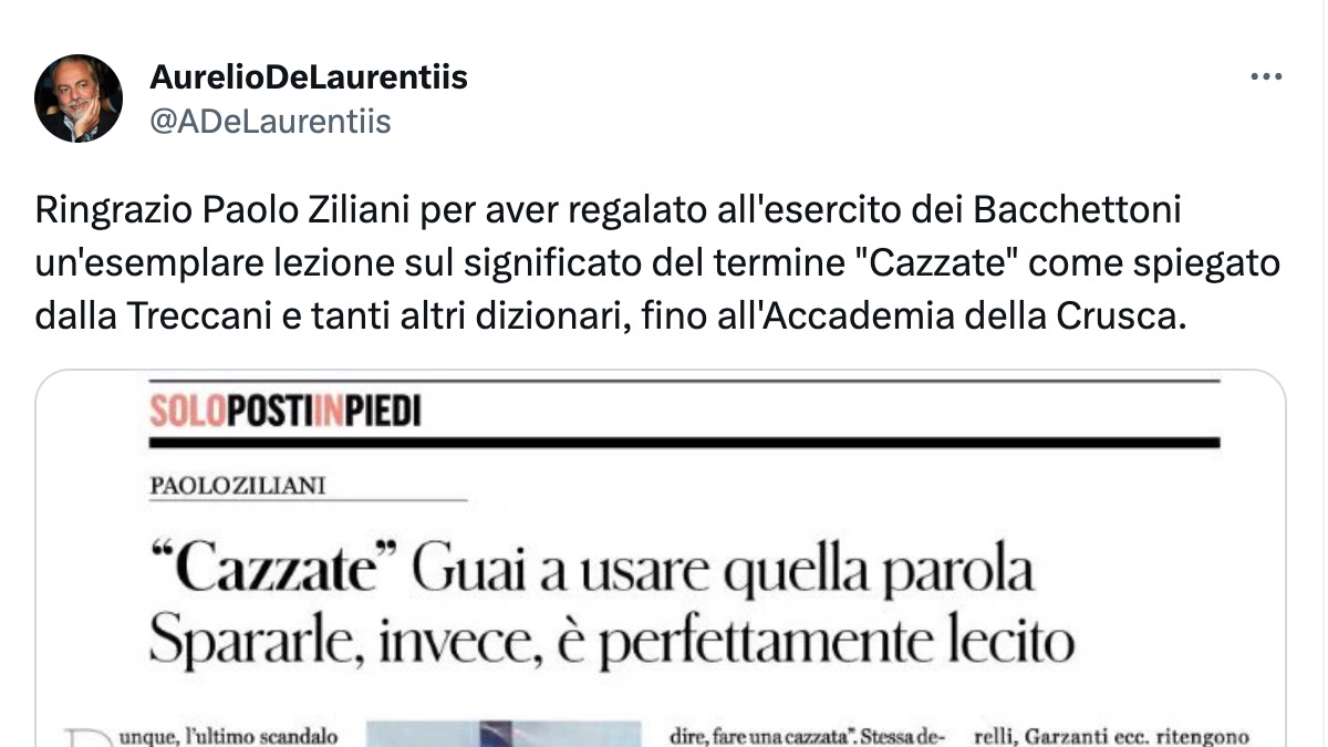 Aurelio De Laurentiis ringrazia Paolo Ziliani per l'articolo sulla parola "Cazzate"