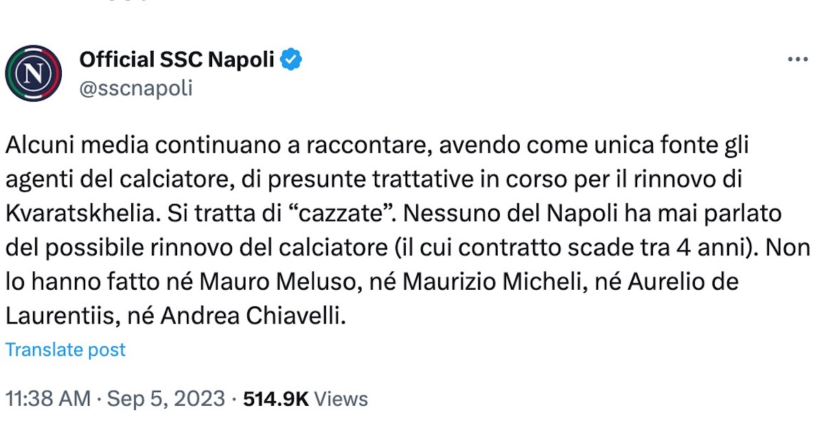 Tweet polemico della Società Sportiva Calcio Napoli: "Notizie rinnovo Kvaratskhelia? Sono cazzate"