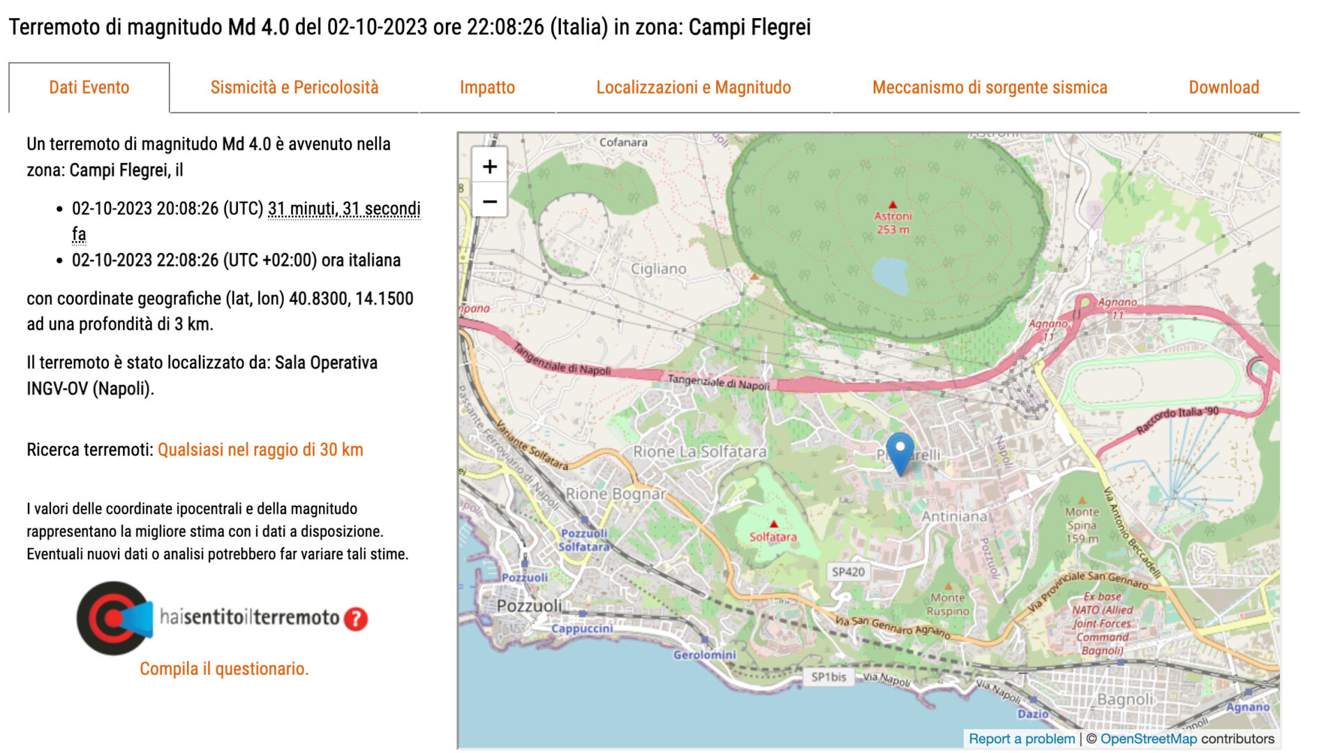 Terremoto 2 ottobre 2023 ore 20.08 campi flegrei
