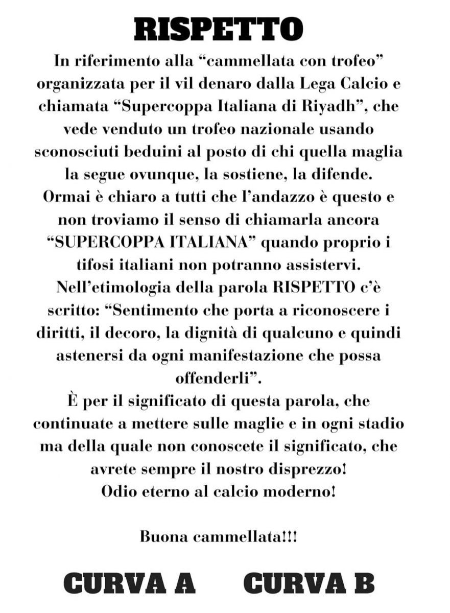 Il volantino contro la Supercoppa Italiana rilasciato dalle due curve