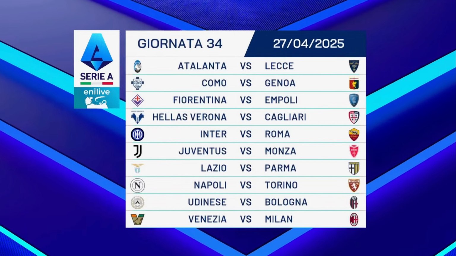 34 giornata serie a calendario
